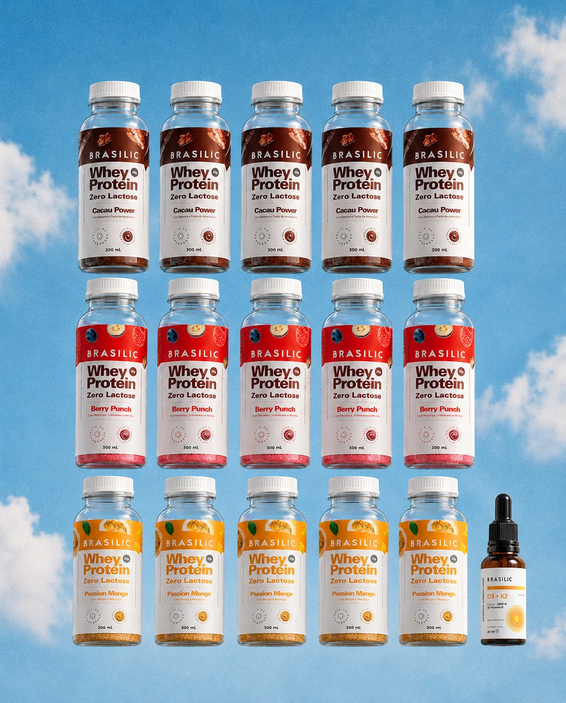 Garrafinhas Brasilic Whey Protein Zero Lactose nos sabores Berry Punch, Cacau Power e Passion Mango sobre tapete de academia com halteres e kettlebell ao fundo